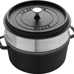 Staub Cocotte Rund Aus Gusseisen Mit Dämpfeinsatz In Schwarz